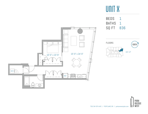 Floor plan for 1 bed, 1 bath, 835 sqft